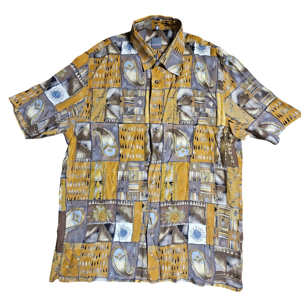 Haupt Patchwork Paisley Short Sleeve Button Up Shirt M Viscose Mustard Retro